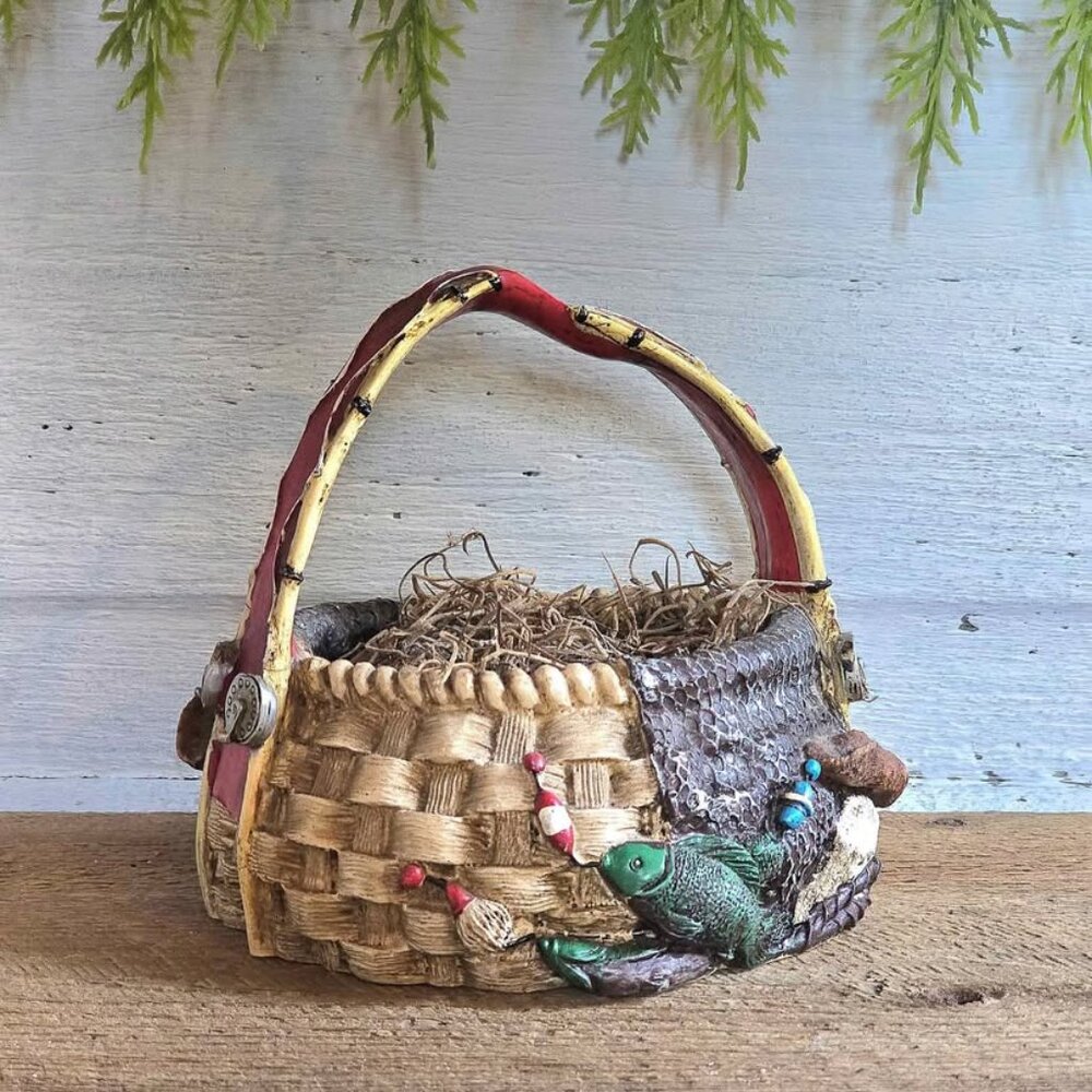 Resin Fishing Theme Basket Figurine with Fish, Lures, Fishing Poles, Hat & Nets